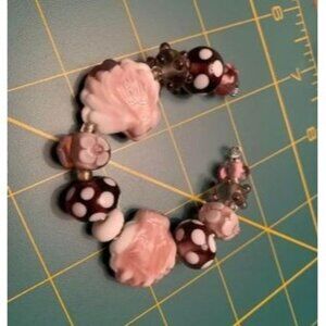 Handmade Pink & Brown Lampwork Glass Beads with Polka Dots & Seashell Designs -